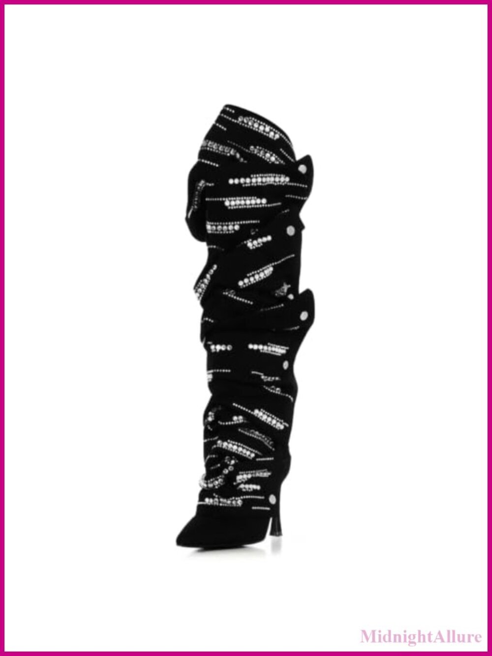 Rhinestone Fold-Over Stiletto Knee High Boots Faux Suede Pointed Toe Party